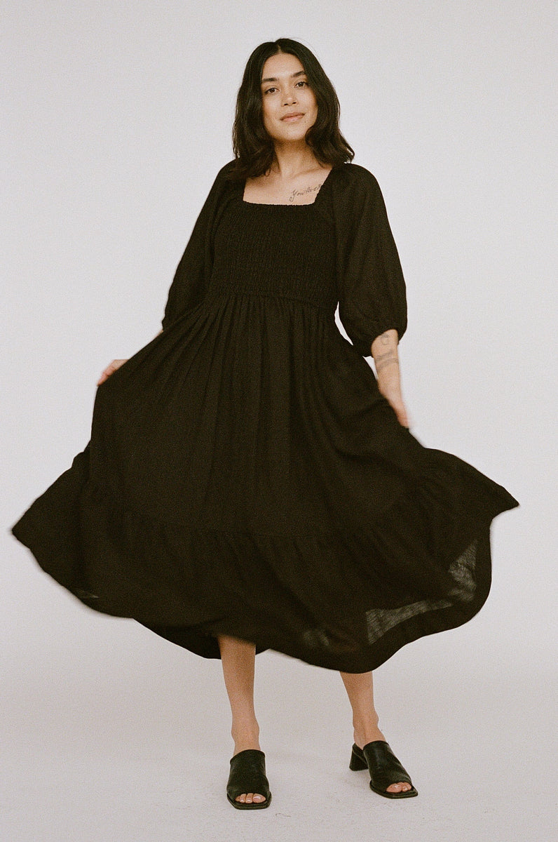 Smocked Bodice Dress - Black Linen