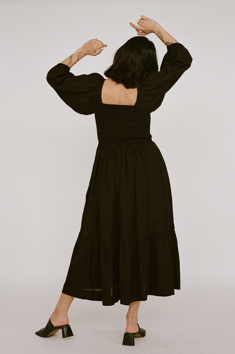 Smocked Bodice Dress - Black Linen