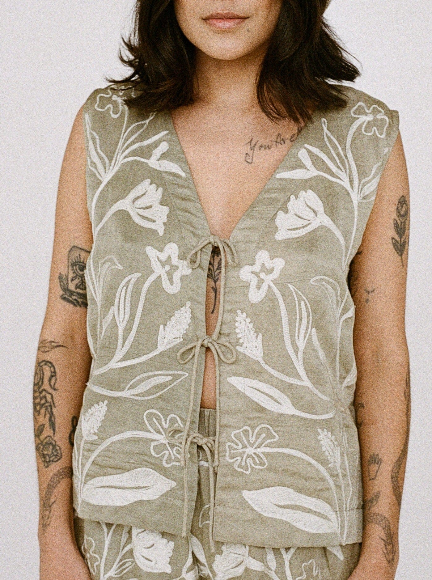 Embroidered Tie Front Vest - Putty Flora - Backordered